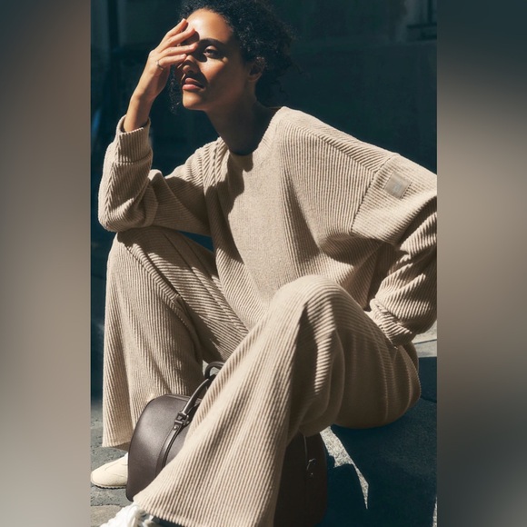 Alo Yoga Muse Ribbed Set Size S Crew Pullover + Wide Leg Pant Gravel Heather - Picture 4 of 11